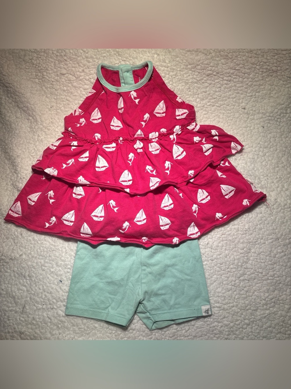 Burt’s Bees Toddler Pink Sailboat & Mermaid Tiered Dress with Mint Shorts